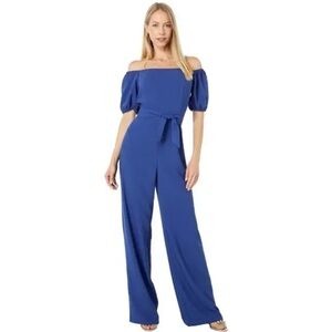 Lilly Pulitzer Elegant Jada Off-The-Shoulder Jumpsuit in “Oyster Bay Navy”